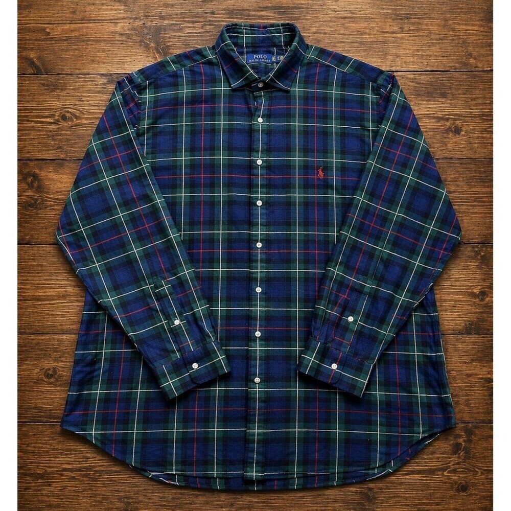 POLO RALPH LAUREN Men’s 2XL Plaid Flannel Shirt Navy Green Red Pony Logo Cotton